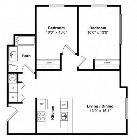 Floor plan for 2 beds, 1 bath, 875 sqft